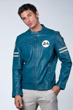 Ocean blue racing style leather jacket with biker collar - Image n°6
