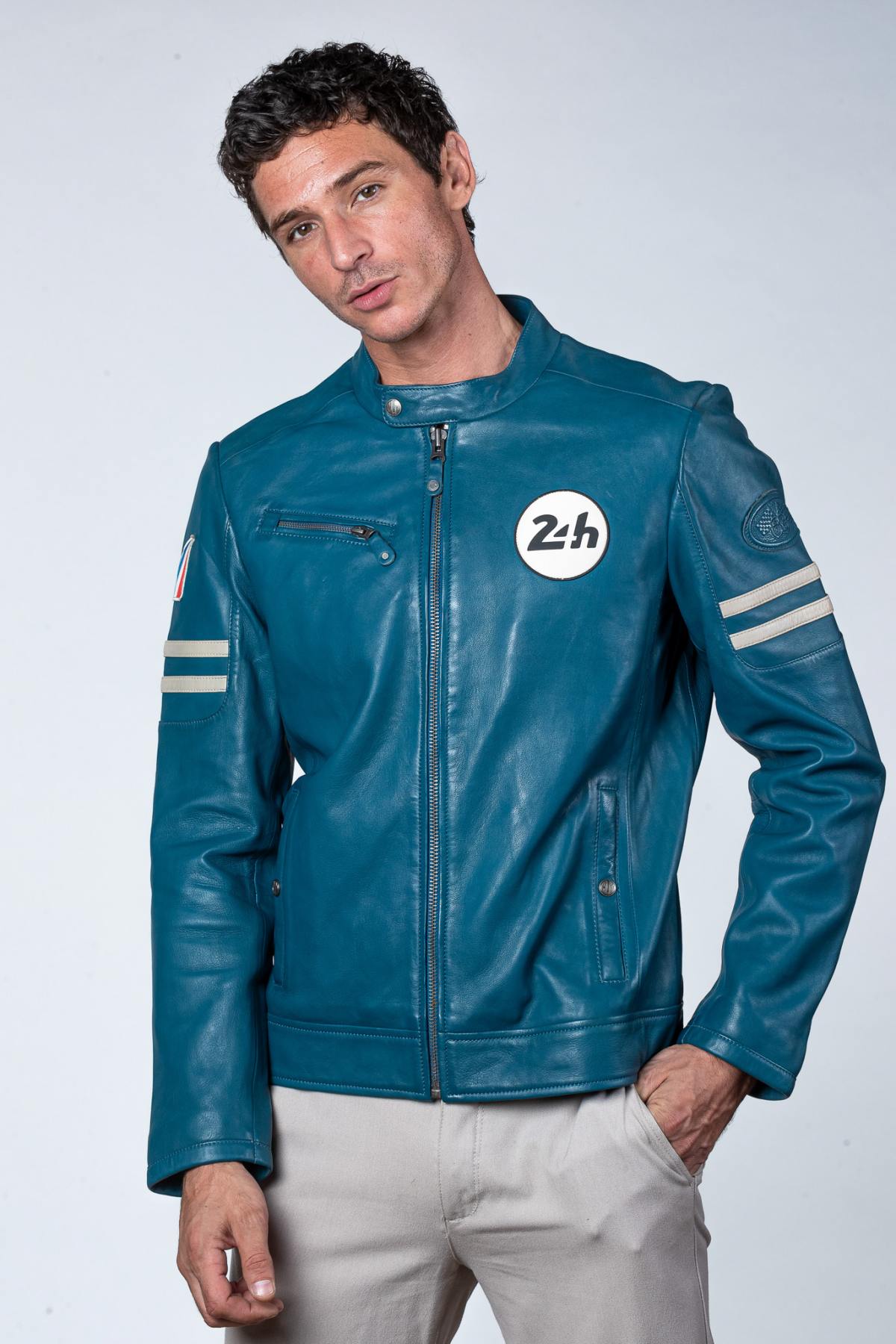 Ocean blue racing style leather jacket with biker collar - Image n°6