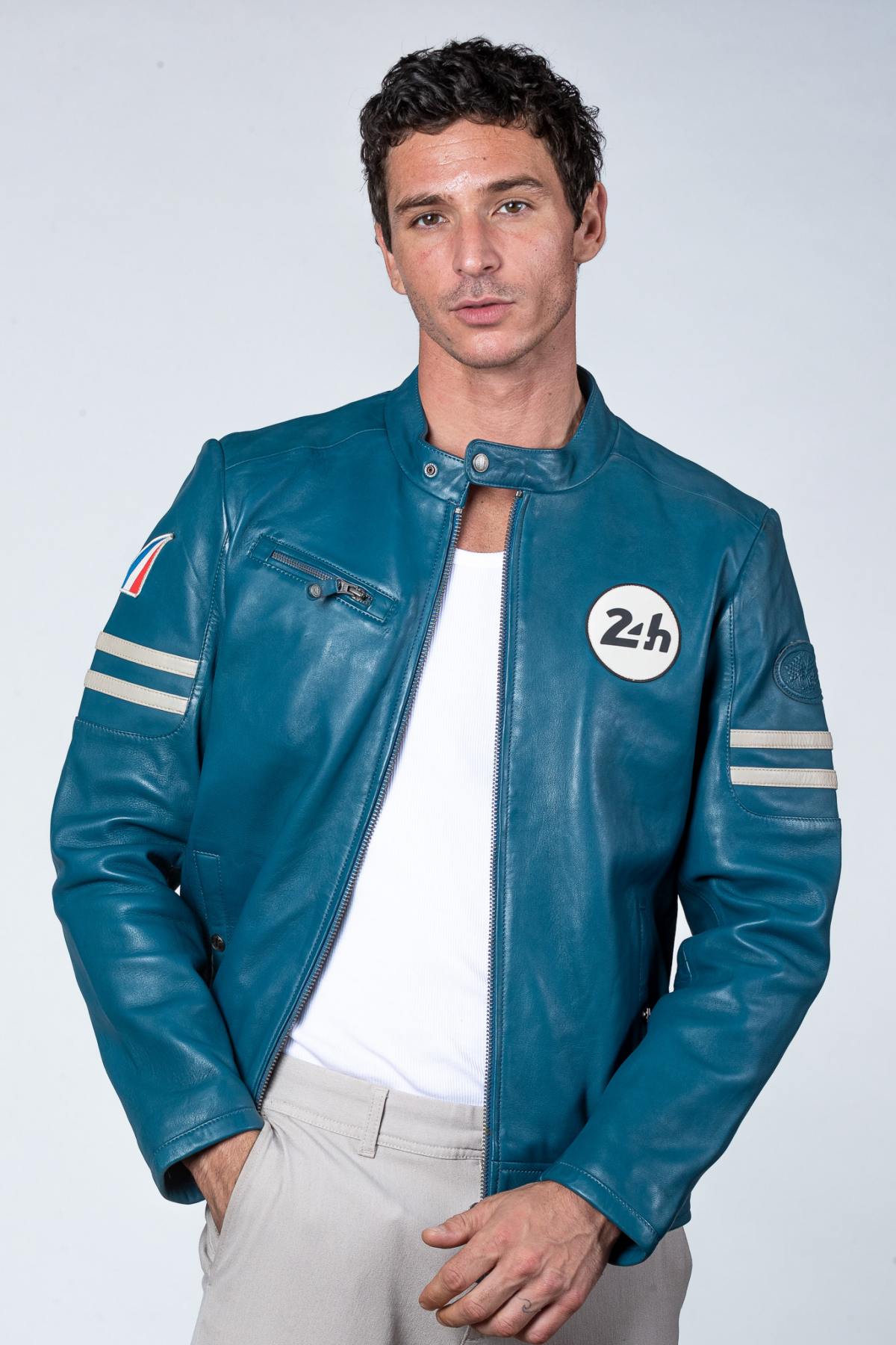 Ocean blue sheep leather jacket, racing-style and ultra-lightweight. - Image n°1