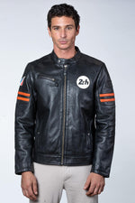 Black racing style leather jacket with biker collar - Image n°3