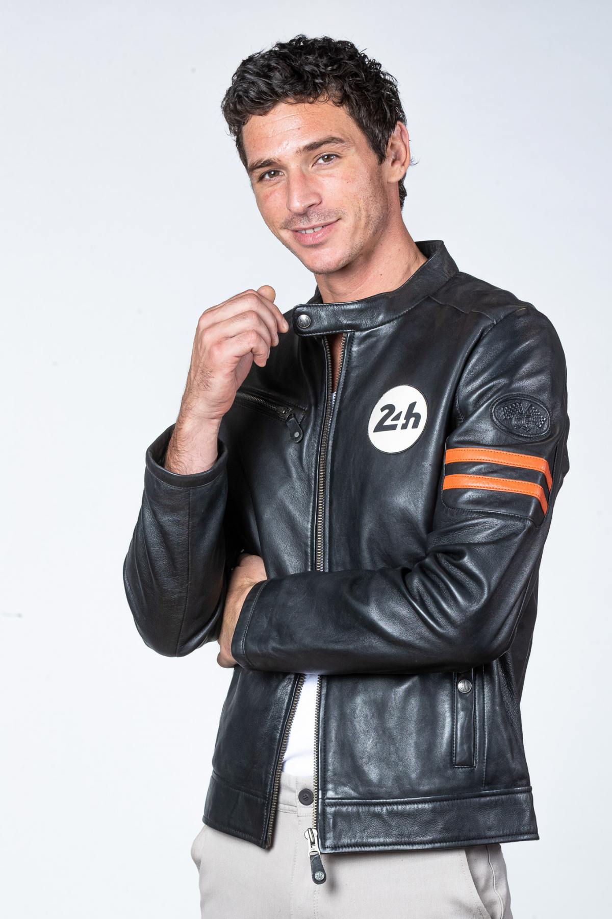 Black racing style leather jacket with biker collar - Image n°1