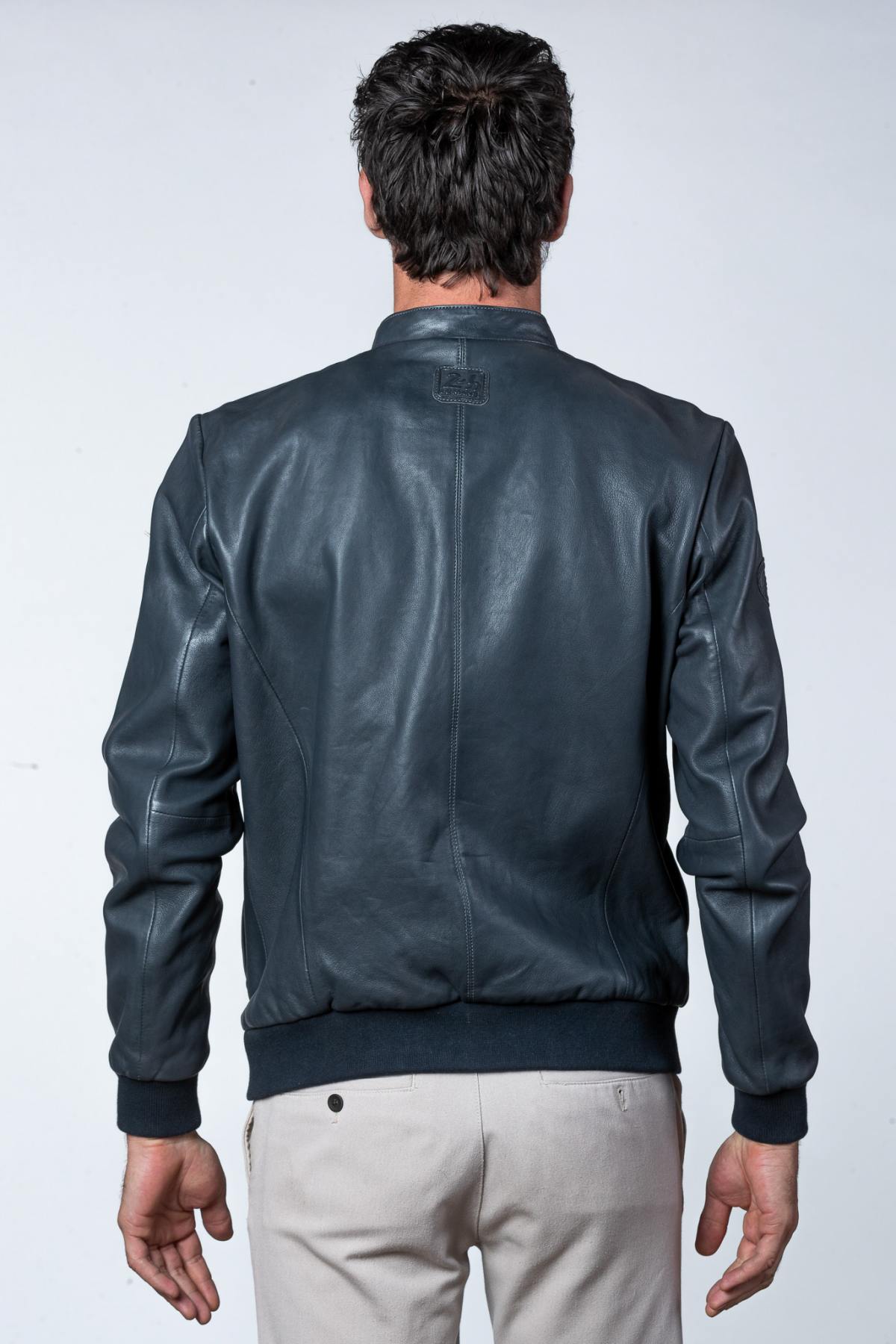 Navy sheepskin jacket with a soft, lightweight feel and biker collar. - Image n°3
