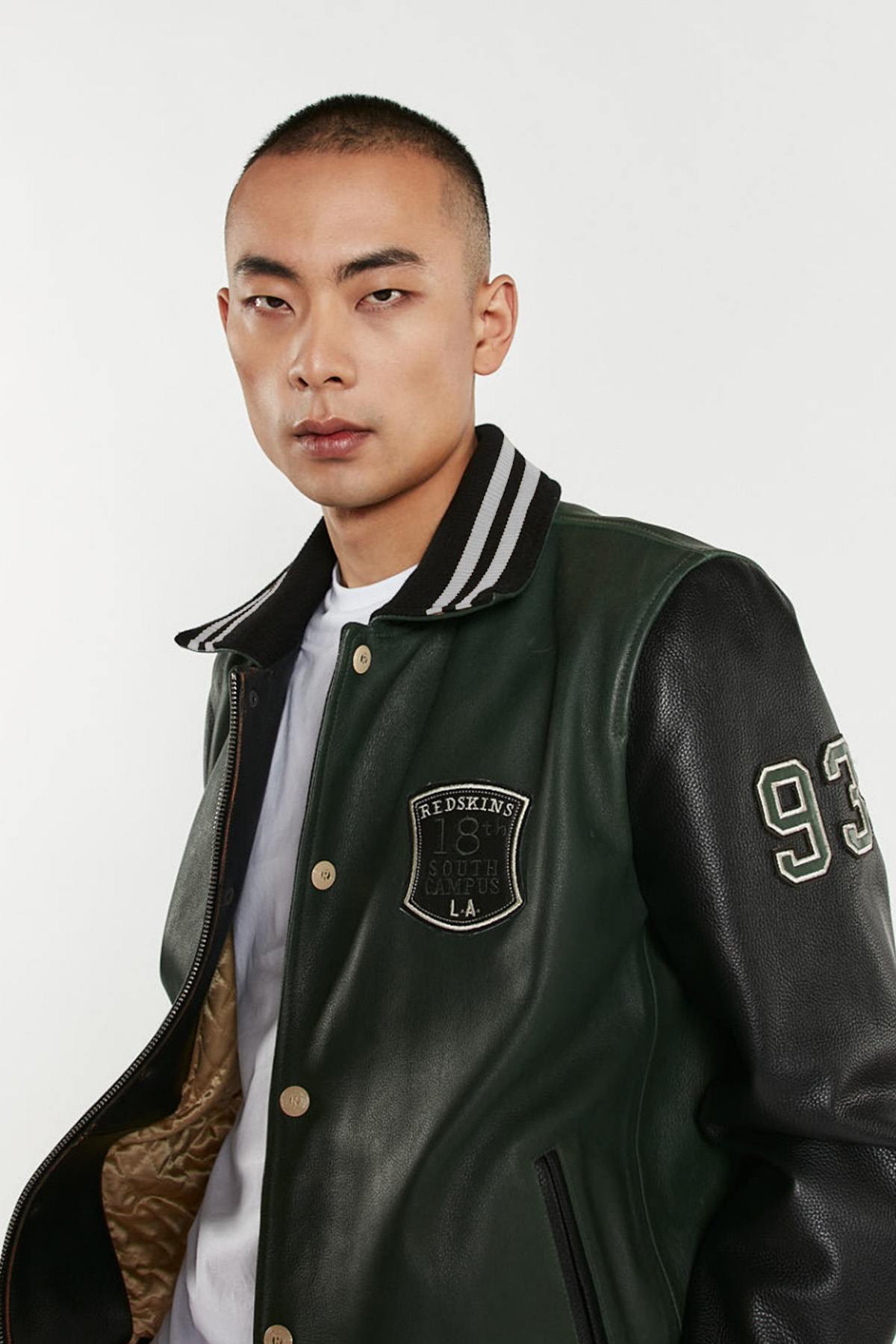 Varsity teddy jacket in forest green and black leather with shirt collar - Image n°2