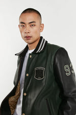 Varsity teddy jacket in forest green and black leather with shirt collar - Image n°2