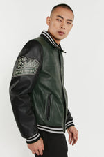 Varsity teddy jacket in forest green and black leather with shirt collar - Image n°3