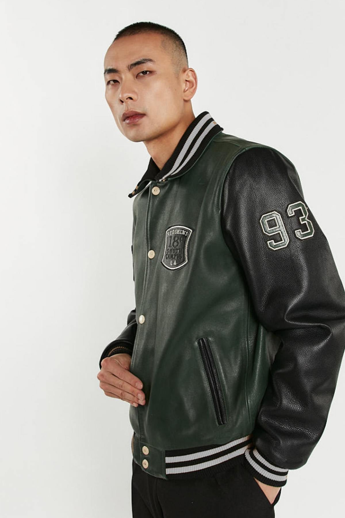 Varsity teddy jacket in forest green and black leather with shirt collar - Image n°1