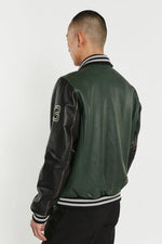 Varsity teddy jacket in forest green and black leather with shirt collar - Image n°4