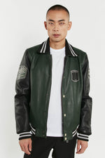 Varsity teddy jacket in forest green and black leather with shirt collar - Image n°5