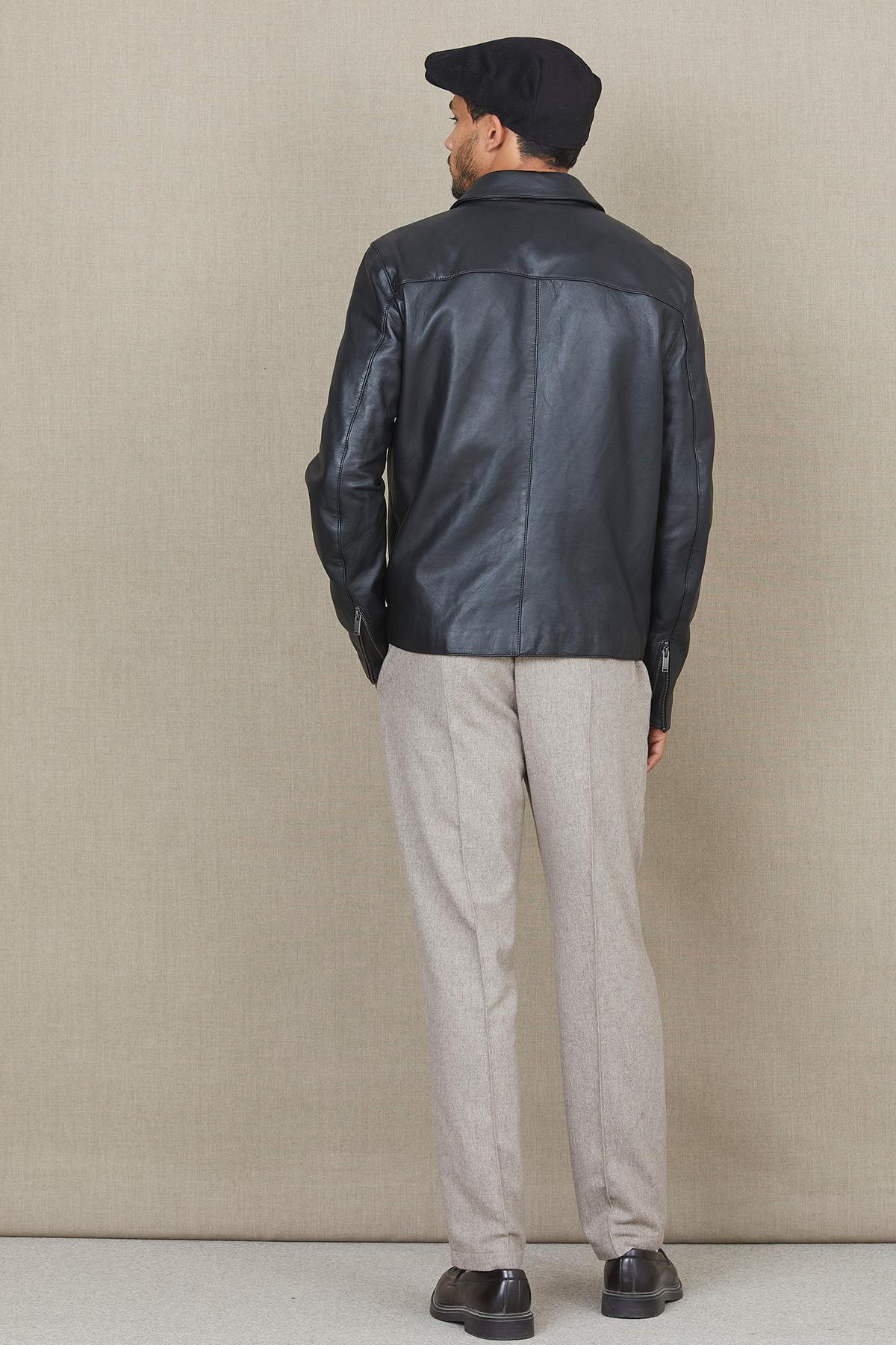 Black leather jacket with elegant shirt collar - Image n°7