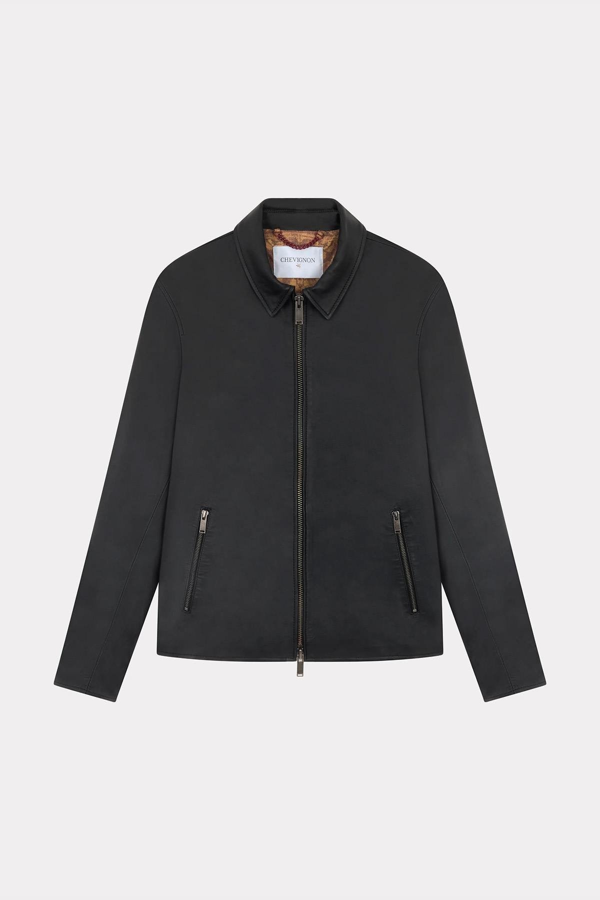 Black leather jacket with elegant shirt collar - Image n°9