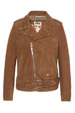 Caramel leather perfecto with shiny gold-colored collar lapel - Image n°1