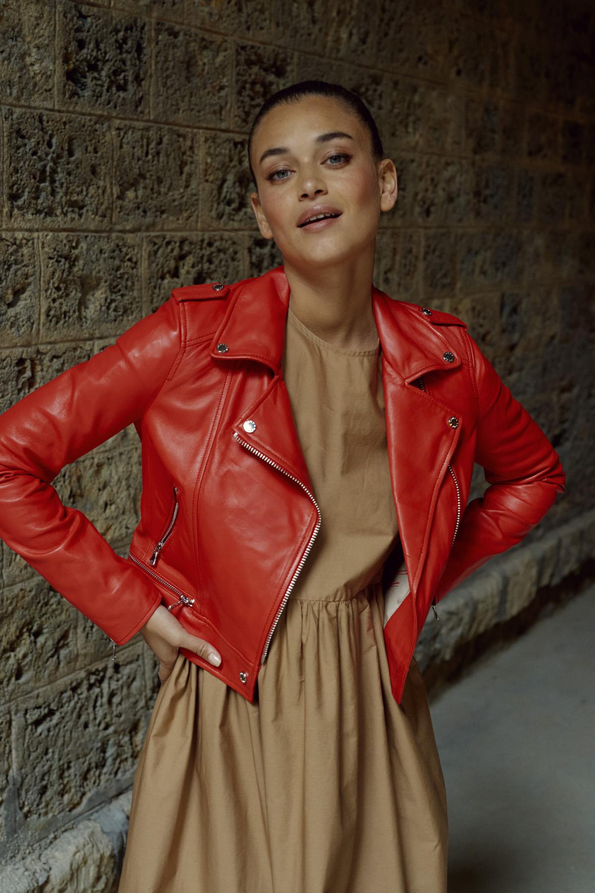 Women's Biker Jacket in red sheep leather - Image n°1