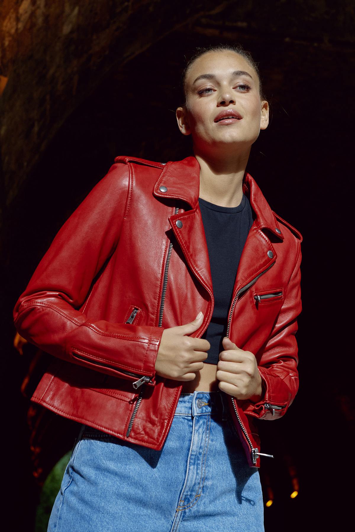 Women's dark red leather Biker Jacket - Image n°1