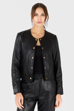 Short, thin and lightweight black leather jacket with crew neck - Image n°1