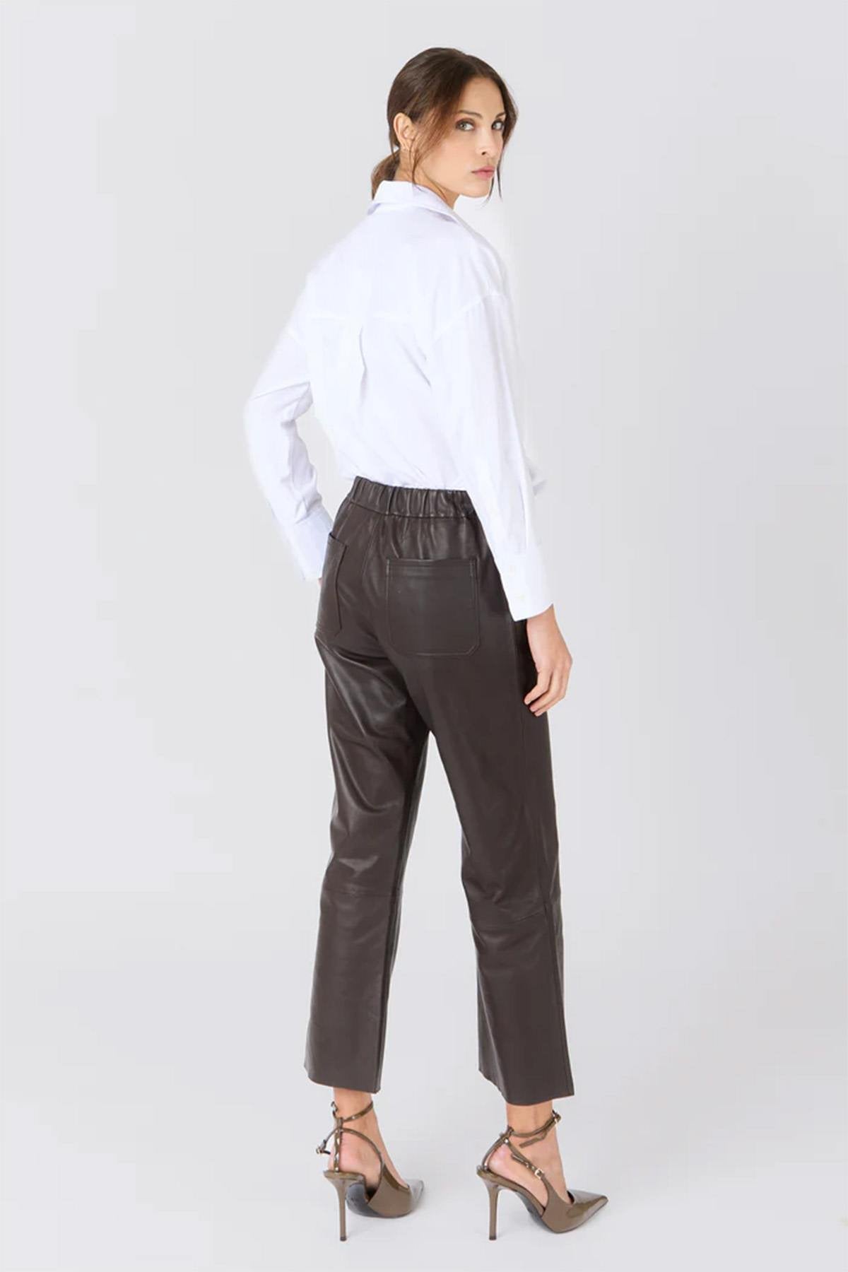 Brown leather pants with wide edges - Image n°4