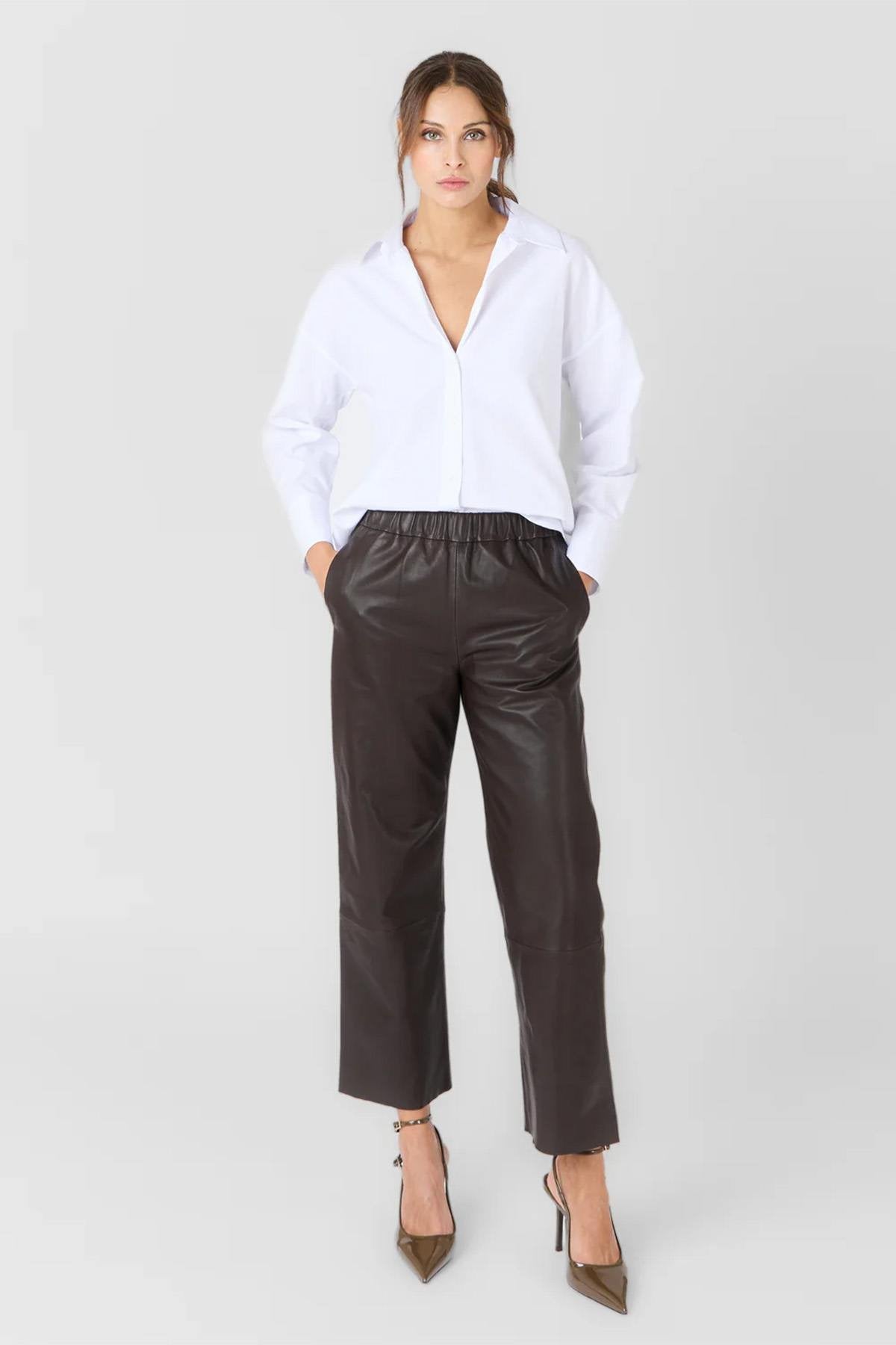 Brown leather pants with wide edges - Image n°2