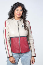 Ecru sheep leather jacket with racing accents. Soft and lightweight. - Image n°1