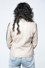 Ecru sheep leather jacket with racing accents. Soft and lightweight. - Image n°3