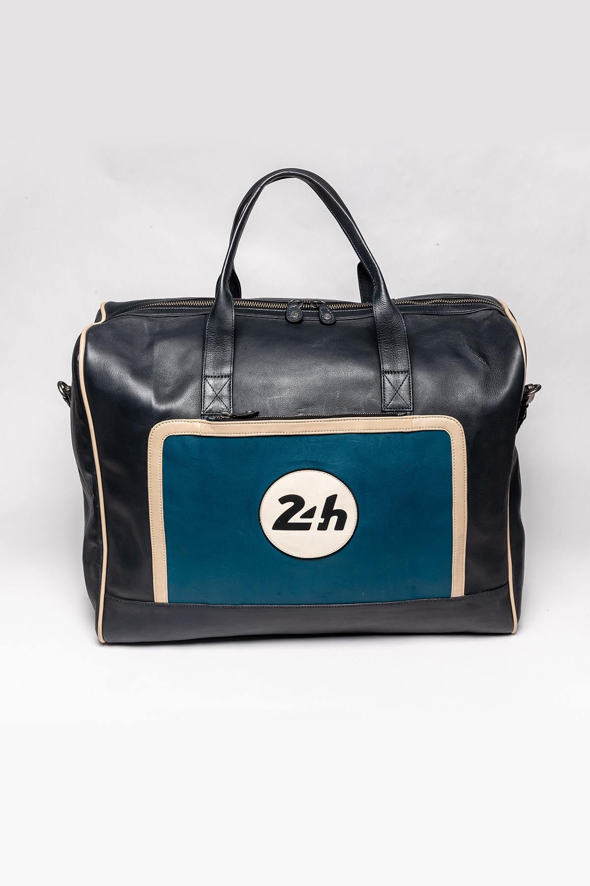 Large ocean blue and navy leather travel bag - Image n°1