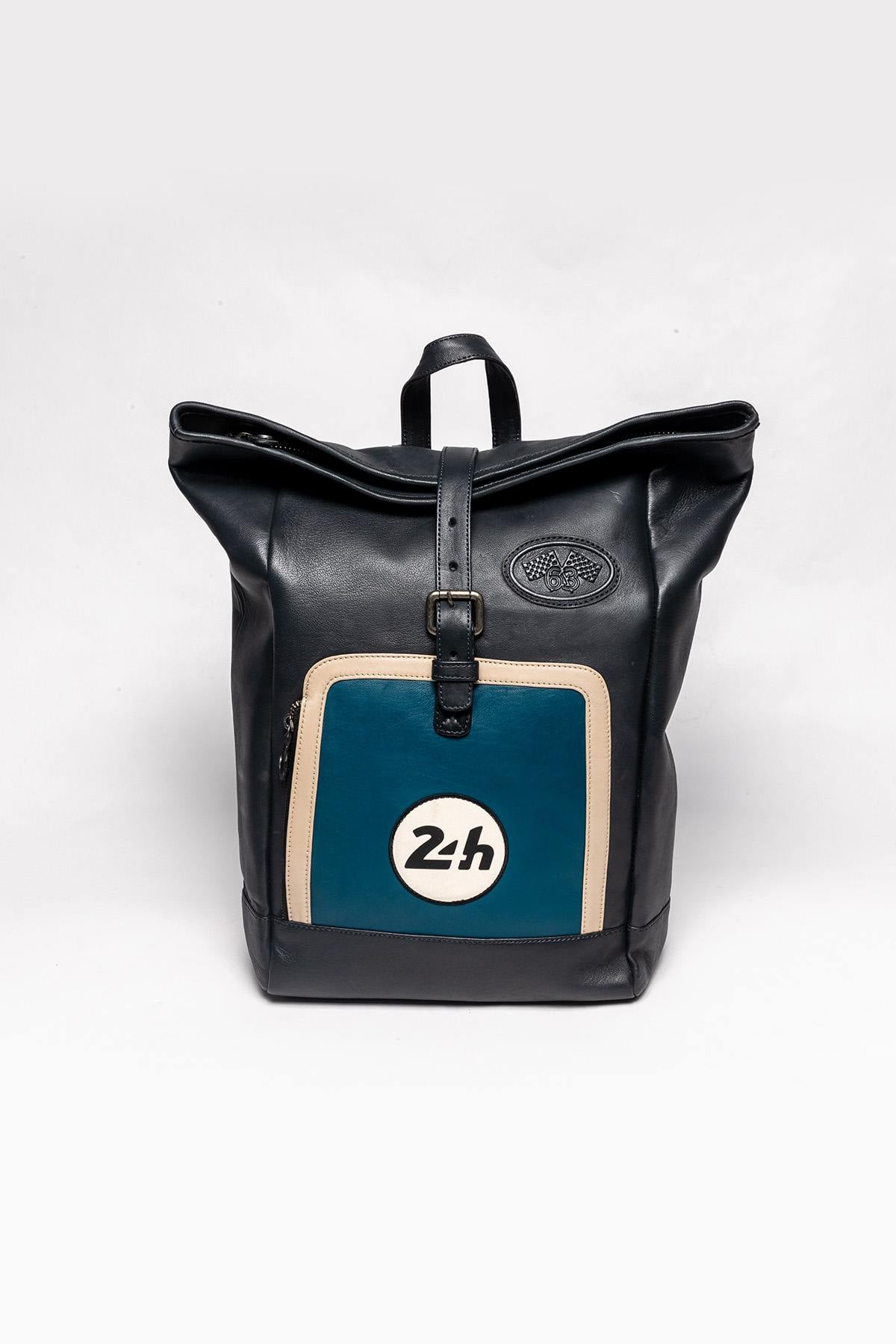 Ocean blue and navy 24H Le Mans leather backpack - Image n°1