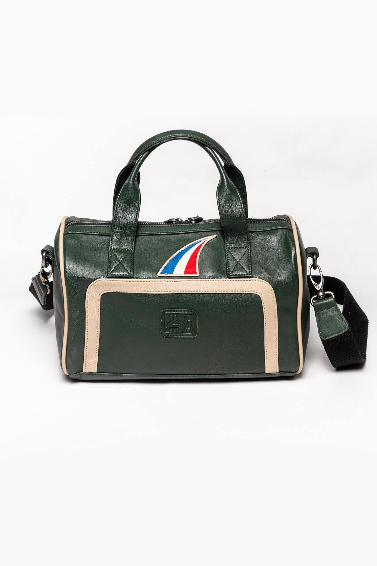 Racing green leather handbag with ecru inserts - Image n°3