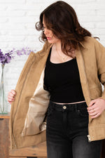 Oversized beige suede leather bomber jacket - Image n°5