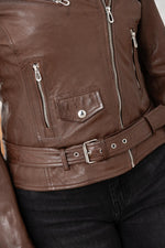 Bison-colored leather biker jacket - Image n°5