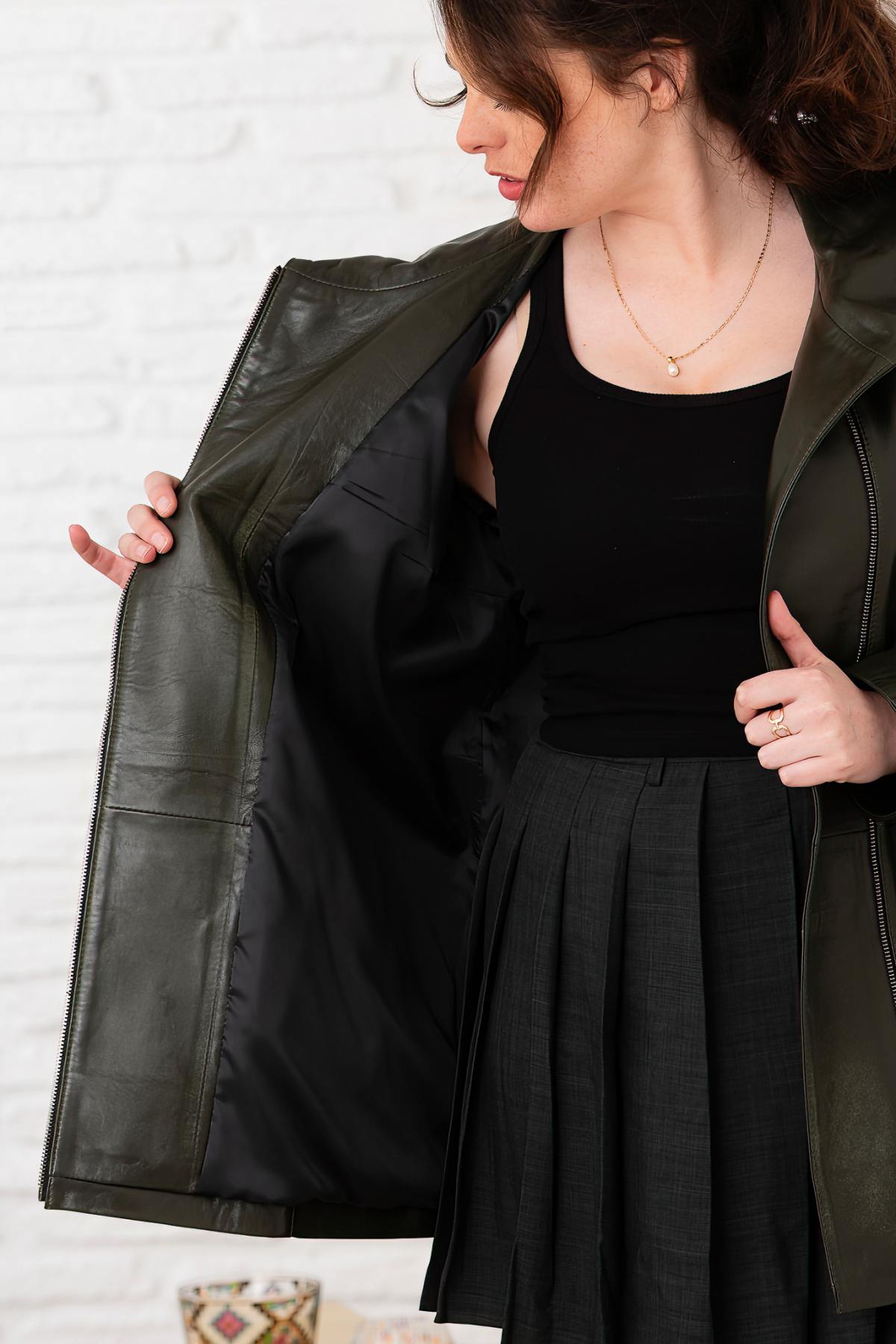 Olive Pearl Hooded Soft Leather Jacket - Image n°8