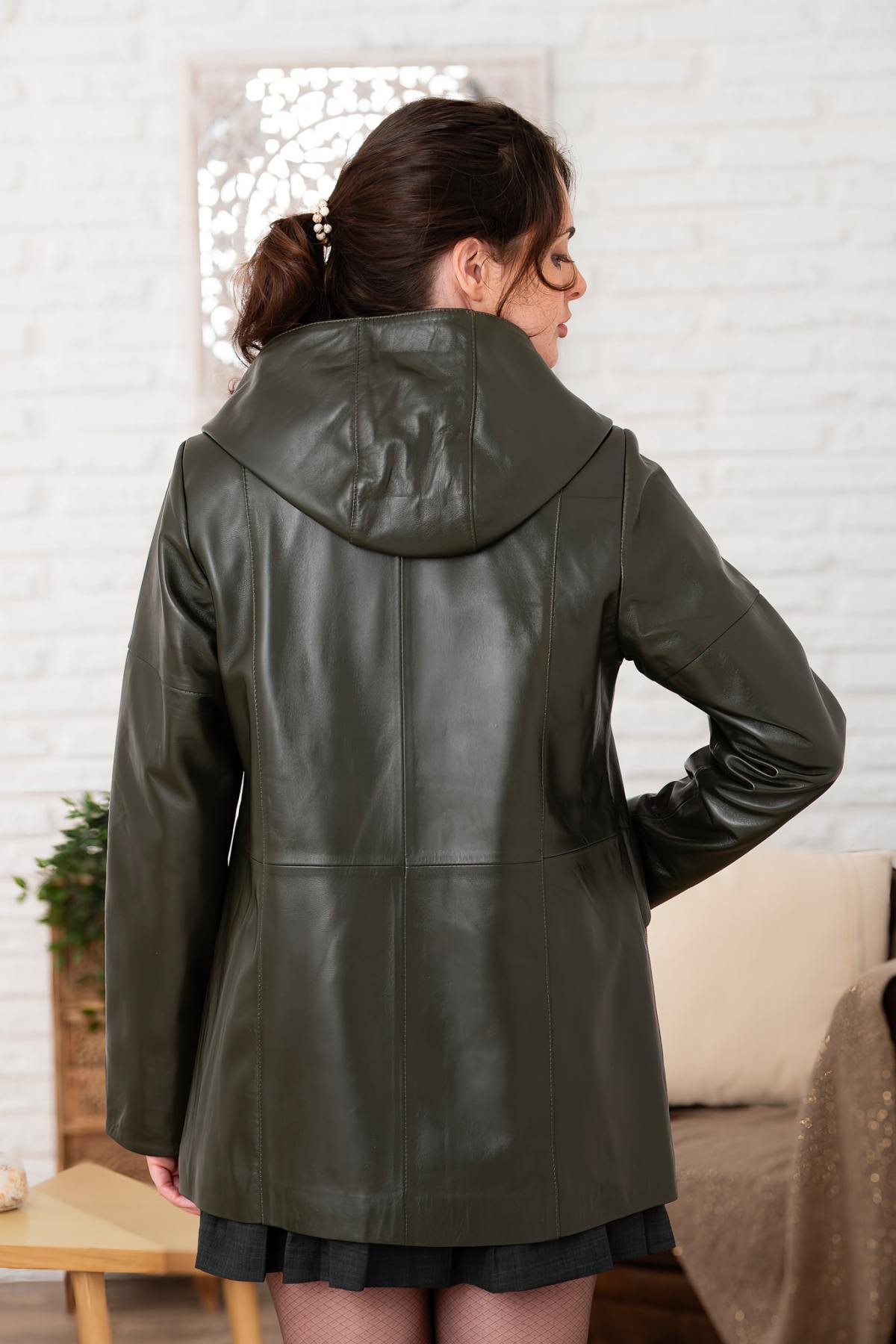 Olive Pearl Hooded Soft Leather Jacket - Image n°3