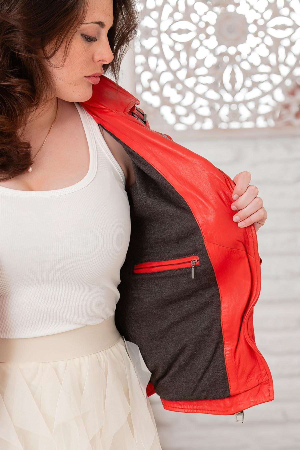 Bright red leather biker jacket - Image n°7