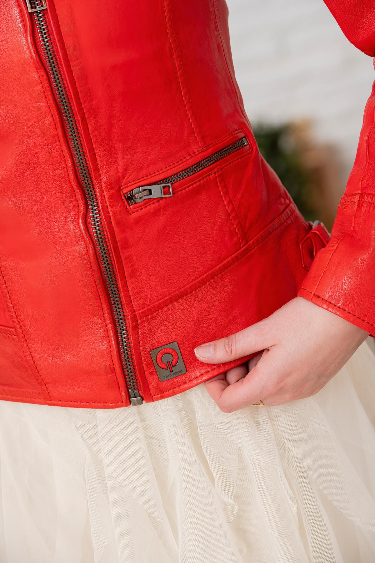 Bright red leather biker jacket - Image n°5