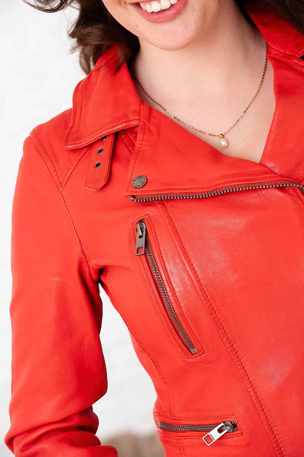 Bright red leather biker jacket - Image n°8