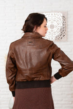 Dark cognac leather bomber jacket with shirt collar - Image n°2