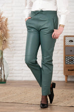 Trendy jade-colored leather jogpants - Image n°3