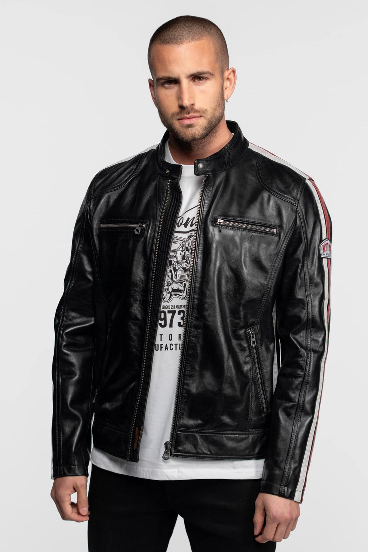 Leather jacket with biker collar inspired by motor racing - Image n°4