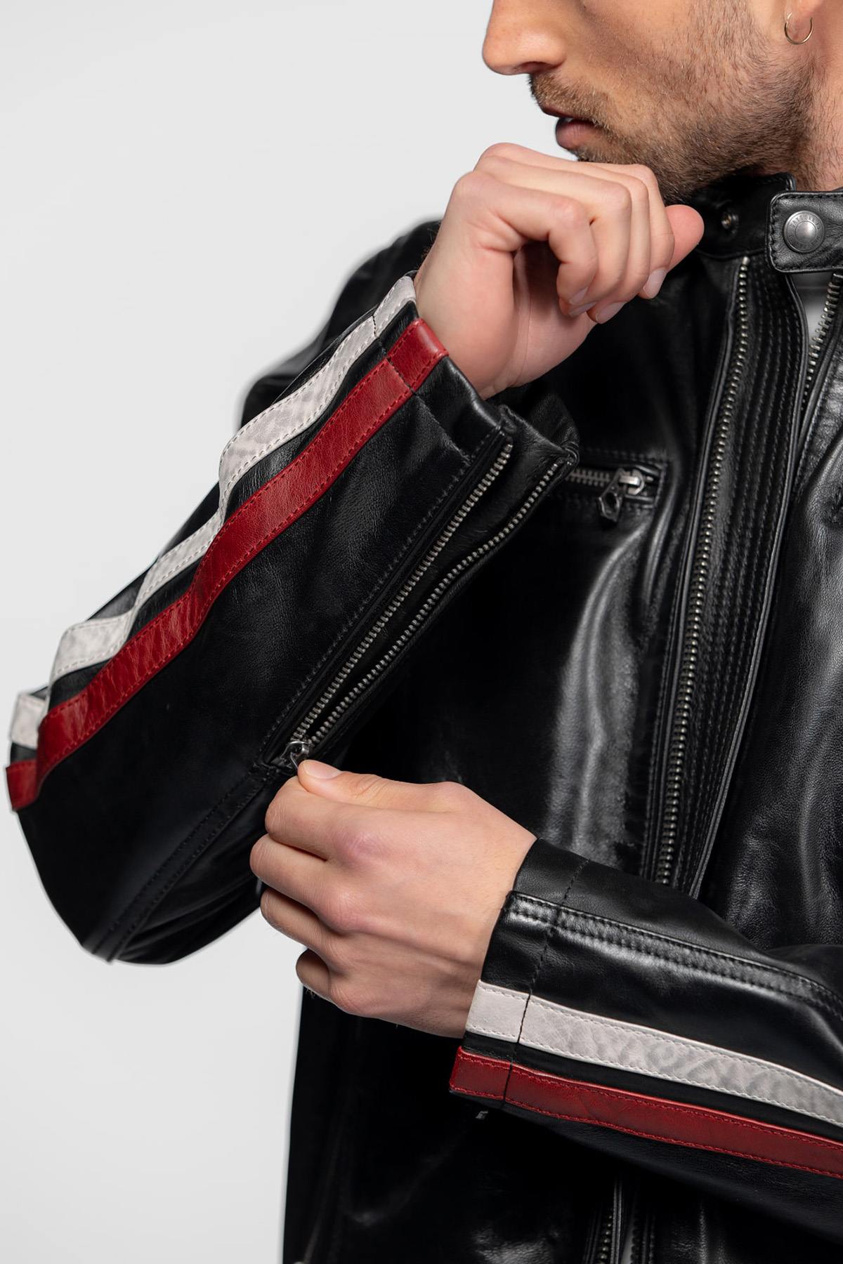 Leather jacket with biker collar inspired by motor racing - Image n°5