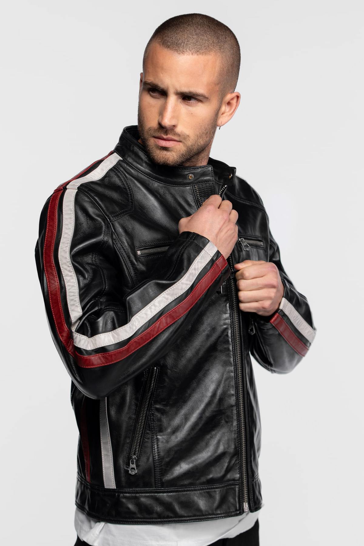 Leather jacket with biker collar inspired by motor racing - Image n°1