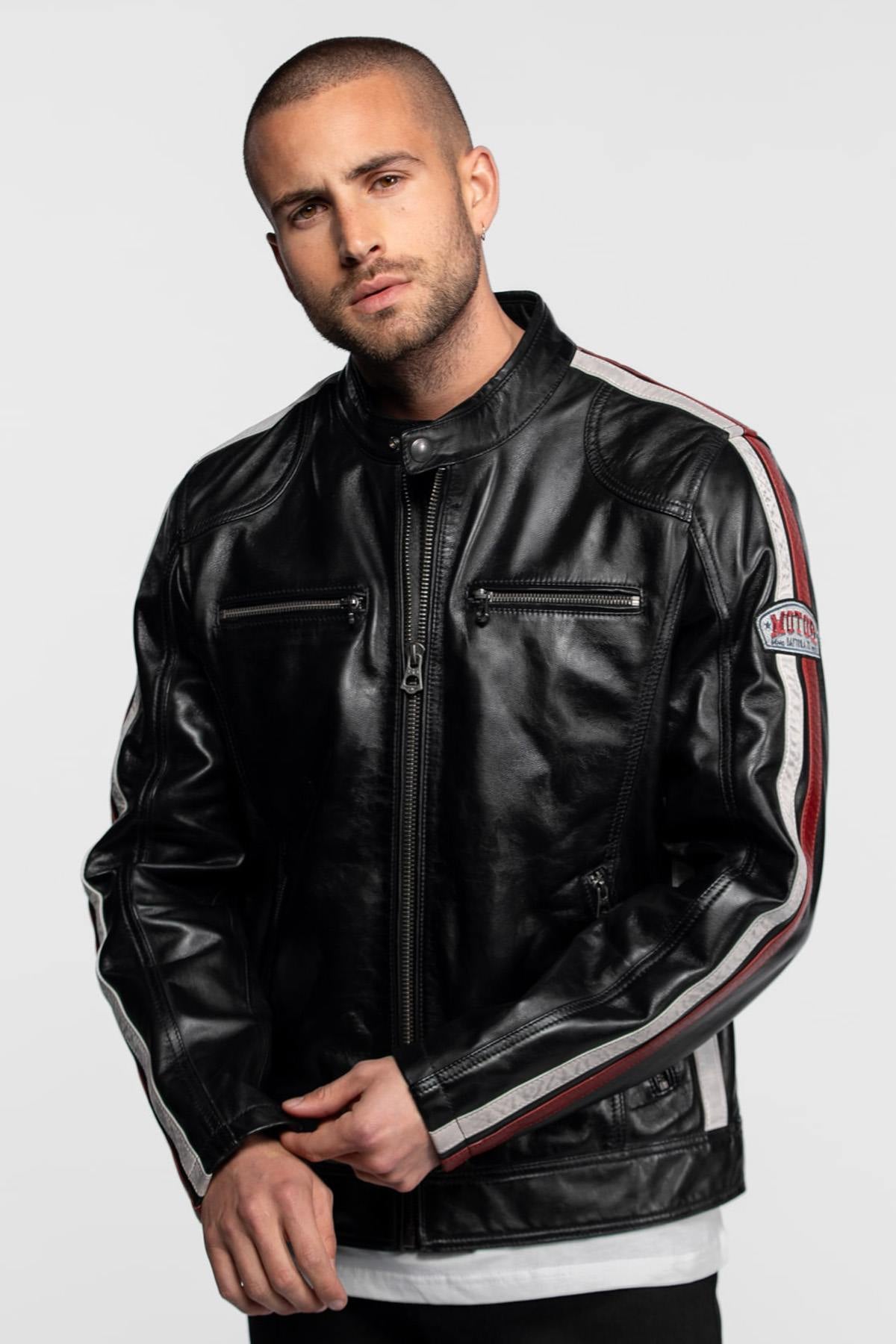 Leather jacket with biker collar inspired by motor racing - Image n°6