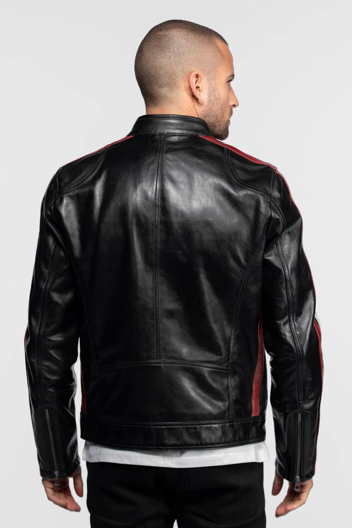 Leather jacket with biker collar inspired by motor racing - Image n°3