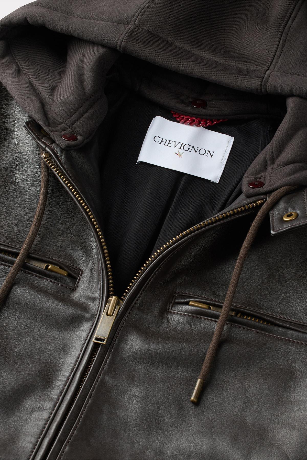 Cocoa-colored leather hooded jacket - Image n°4