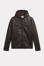 Cocoa-colored leather hooded jacket - Image n°9