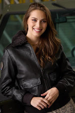 Slim lambskin aviator jacket with detachable shearling collar. - Image n°1