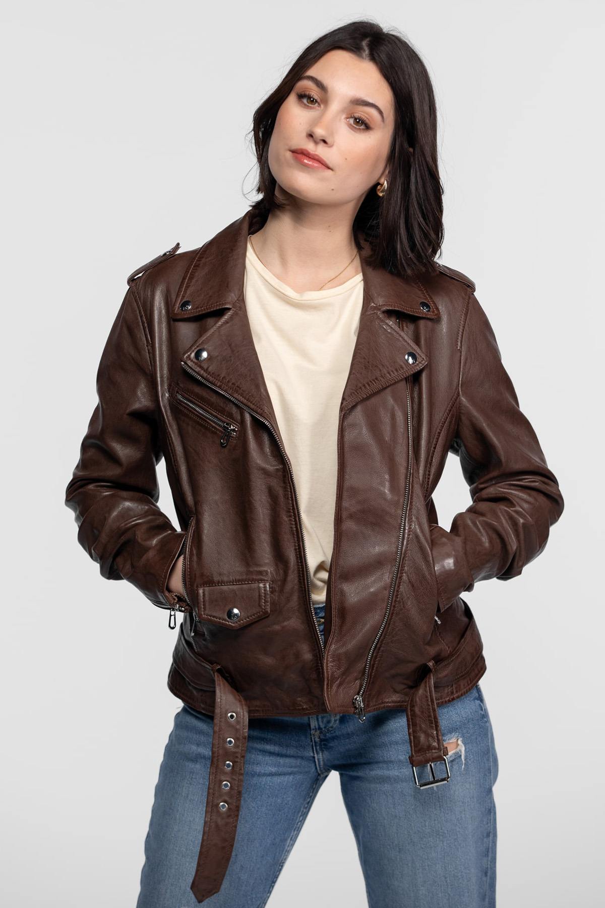 Bison-colored leather biker jacket - Image n°9