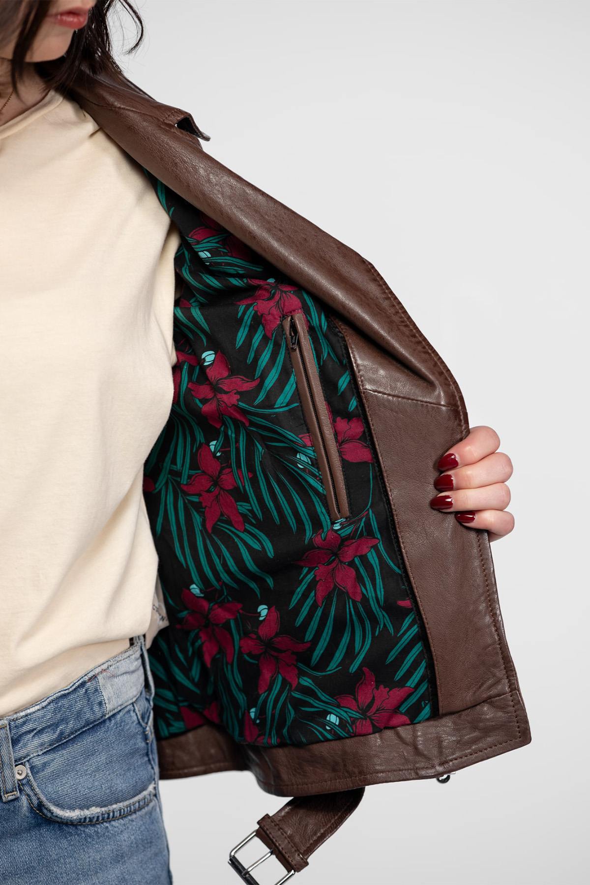 Bison-brown lambskin leather jacket, vegetable-tanned, slimfit. - Image n°11