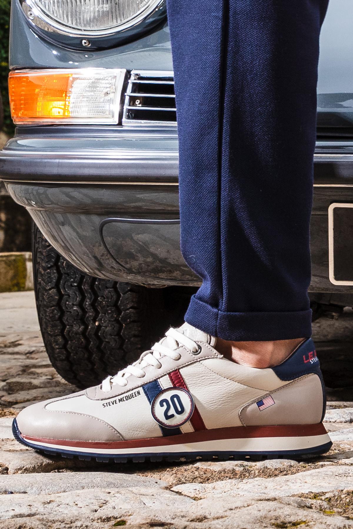Racing sneakers in ecru leather - Image n°1