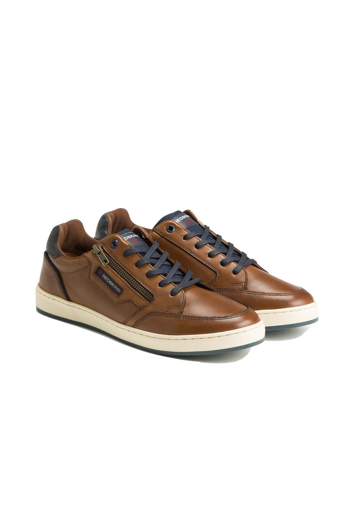 Cognac and navy leather sneakers - Image n°1