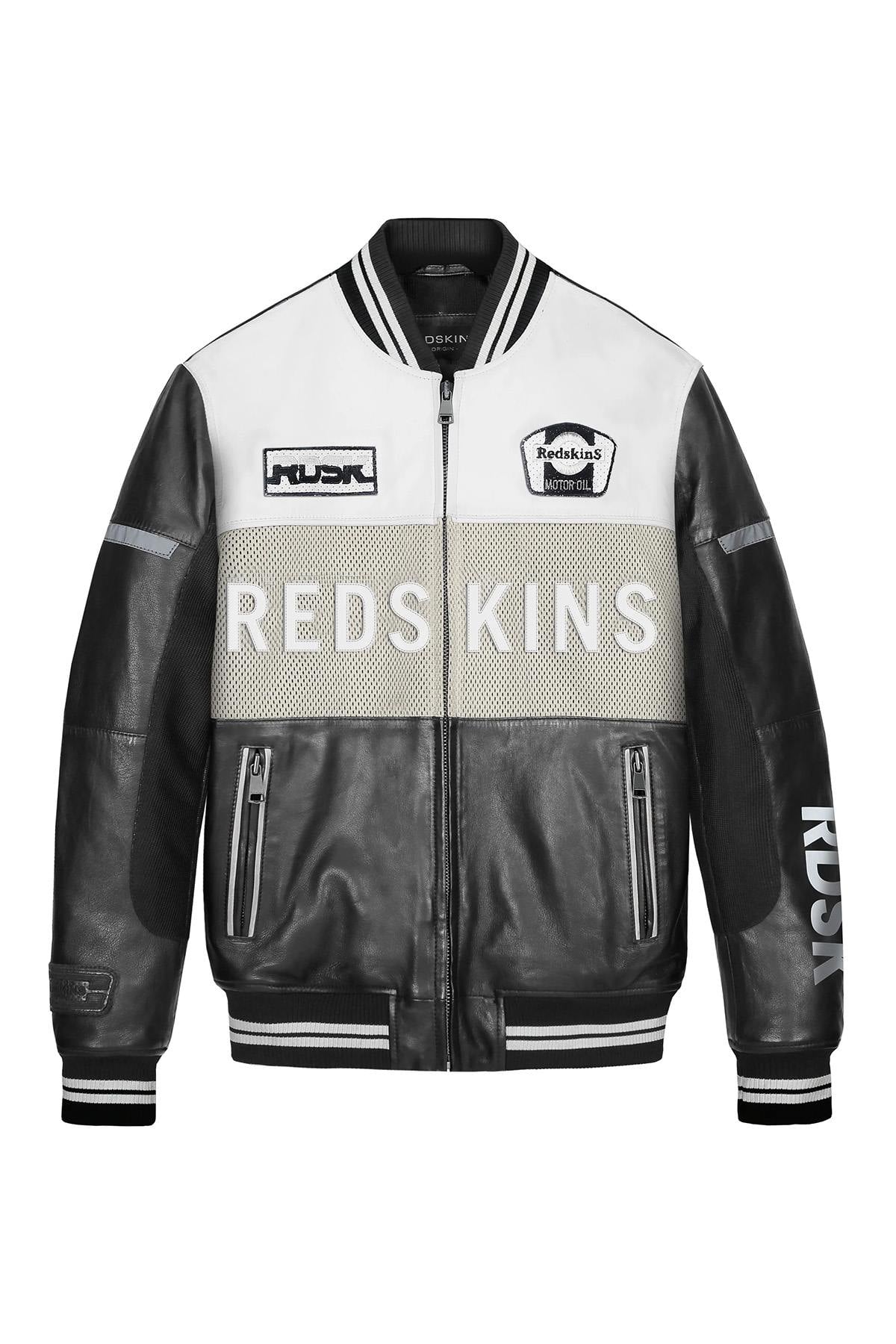 Redskins' black-and-white lambskin bomber with teddy collar and mesh. - Image n°9