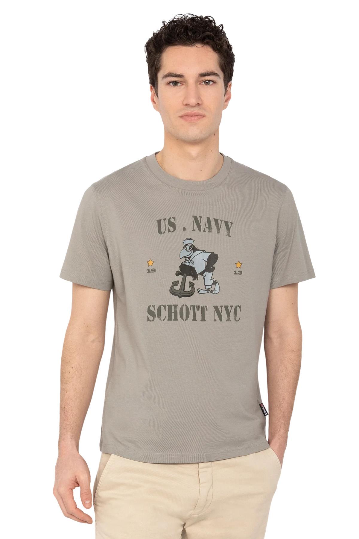 Organic cotton T-shirt with cement color and cartoon illustration - Image n°1