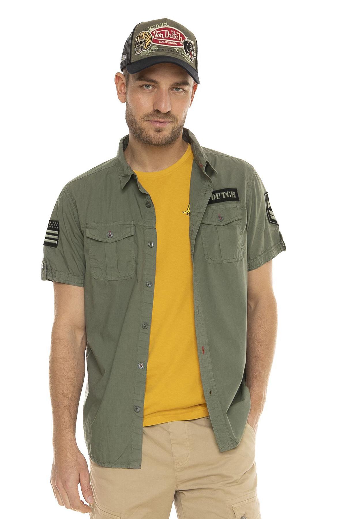 Short-sleeved army khaki cotton shirt - Image n°1