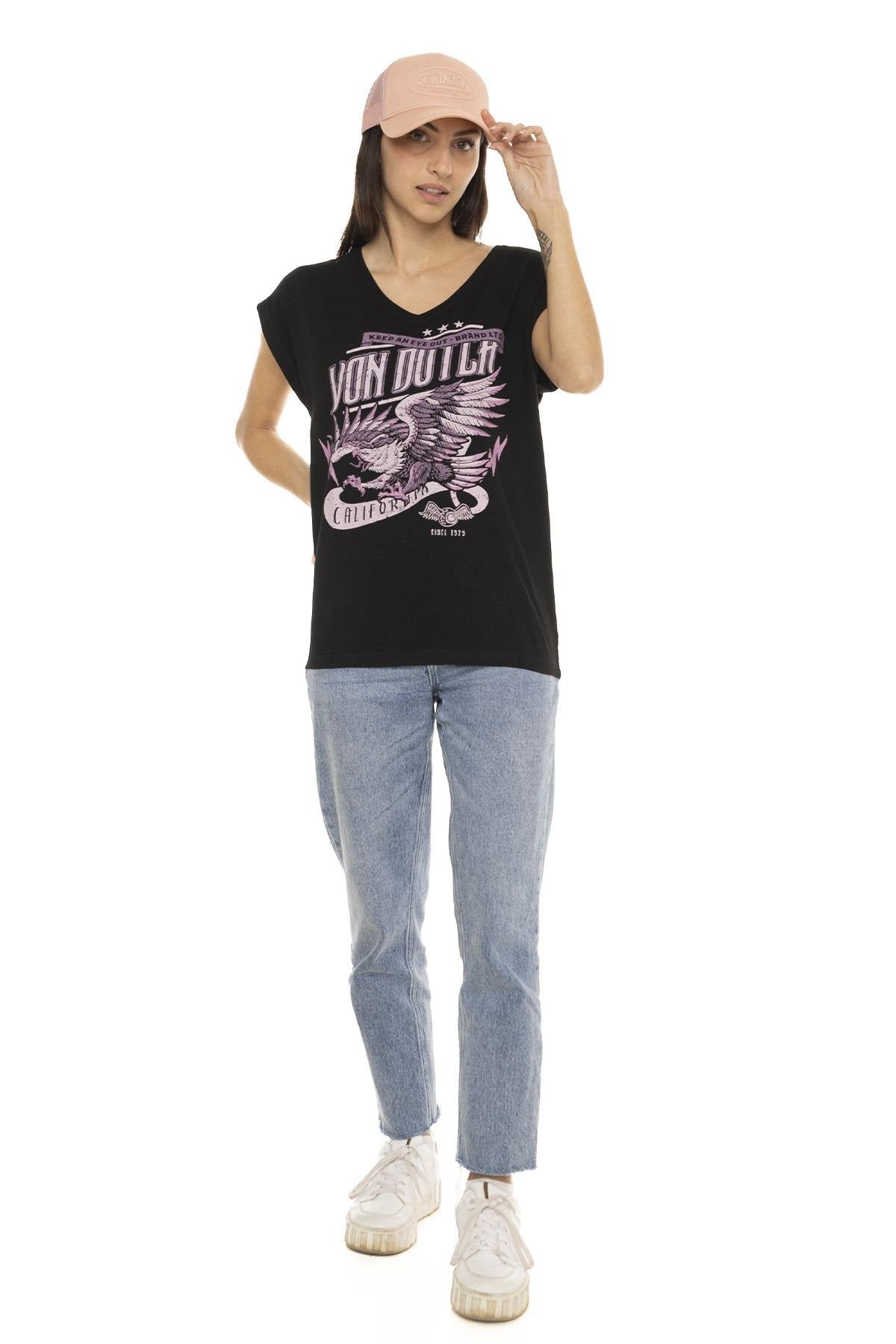 Black t-shirt with pink eagle illustration - Image n°4